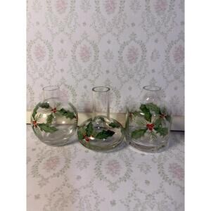 Two’s Company Hand Painted Holly Glass Bud Vases Set of 3 Mini Christmas Decor